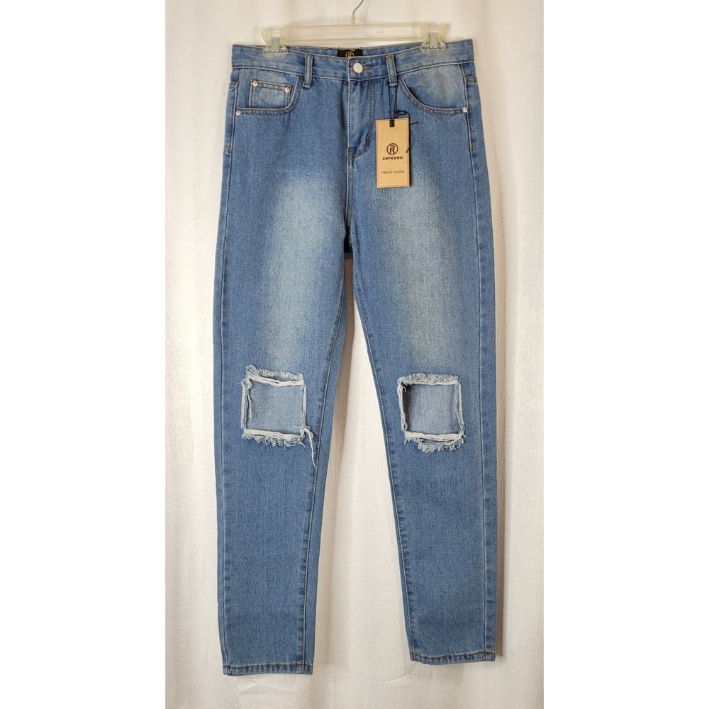 SRPEDRO Women's High Waist Distressed Cut Out Denim Jeans Mid-Wash Sz 9 / 10